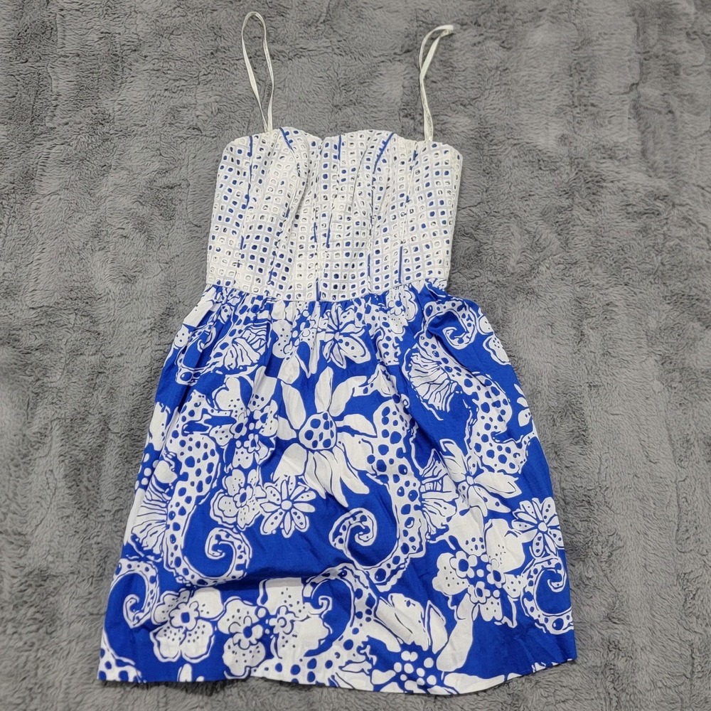 Lilly Pulitzer Dress‎ Womens 00 Blue White Eyelet Seahorse Fit Flare Sundress